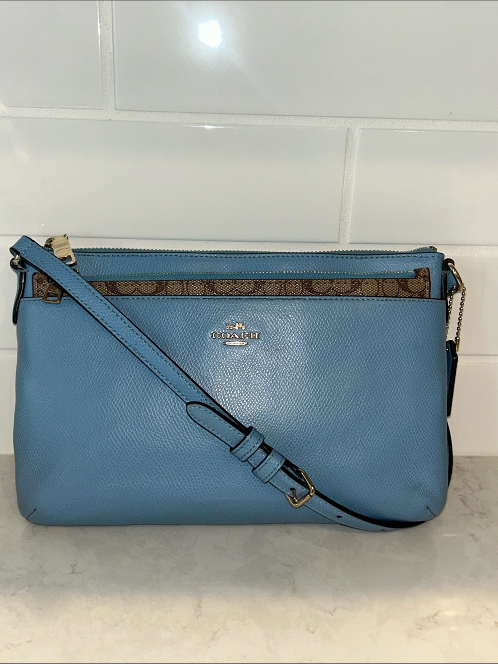 COACH F52881 blue Crossgrain leather crossbody bag